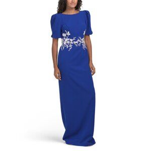 RENE BY RENE RUIZ Cobalt/White Short Sleeve Floral Embroidered Gown